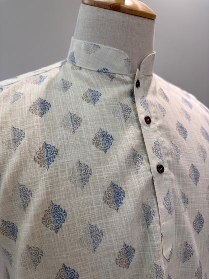 SM0126-18-06 Light Yellow & Blue Grey Print Short Cotton Kurta