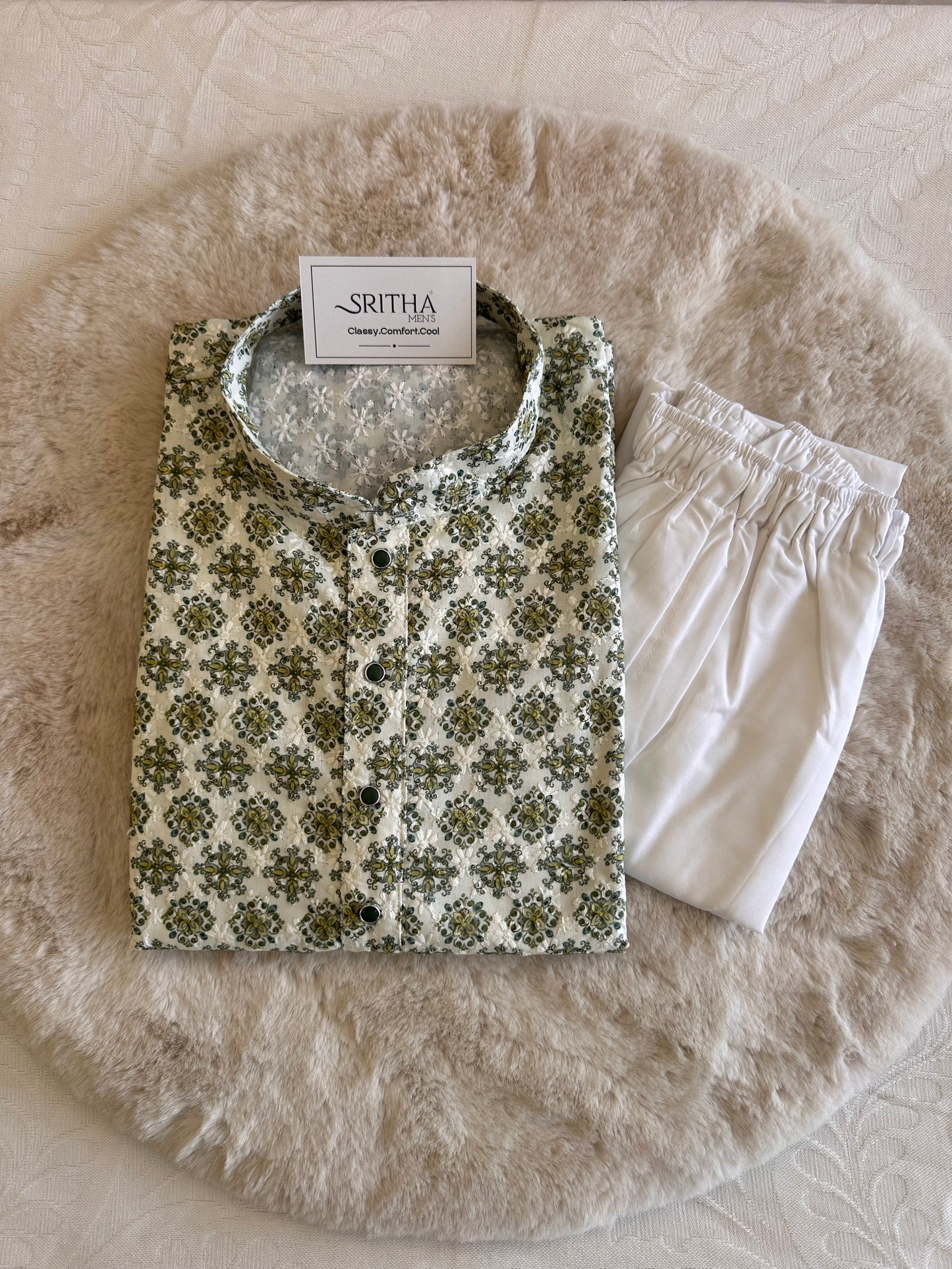 SM1125-02-03 White & Green Soft Cotton Kurta Set