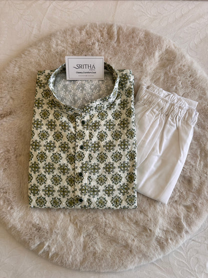 SM1125-02-03 White & Green Soft Cotton Kurta Set