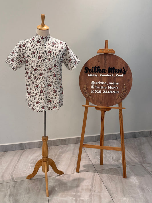 SM0326-16-01 White Base Tribe Print Short Cotton Kurta