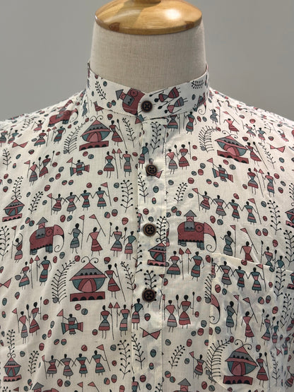 SM0326-16-01 White Base Tribe Print Short Cotton Kurta