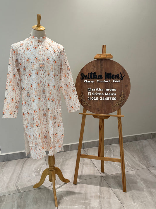 SM0625-01-16 White and Orange Floral Viscose Print Kurta