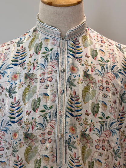 SM1225-01-10 White Base & Leaves Soft Cotton Silk Kurta