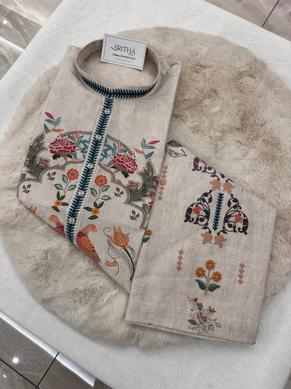 SM0226-01-01 Beige & Blue Leaf Floral Cotton Linen Kurta Set