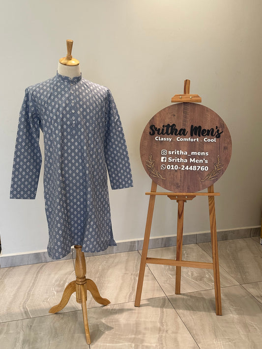 SM0526-01-01 Grey & White Printed Cotton Kurta