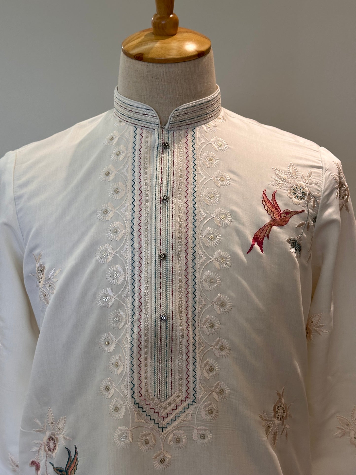 SM0326-02-04 White Embroidery Design Soft Cotton with Lining Kurta Set