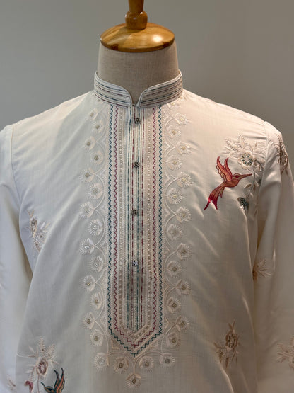 SM0326-02-04 White Embroidery Design Soft Cotton with Lining Kurta Set