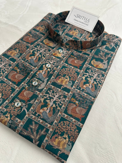 SM0826-01-11 Green Animal Print Soft Cotton Kurta