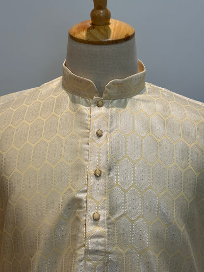 SM0626-02-14 Pastel Yellow & Silver Jacquard Silk Blend Kurta Set