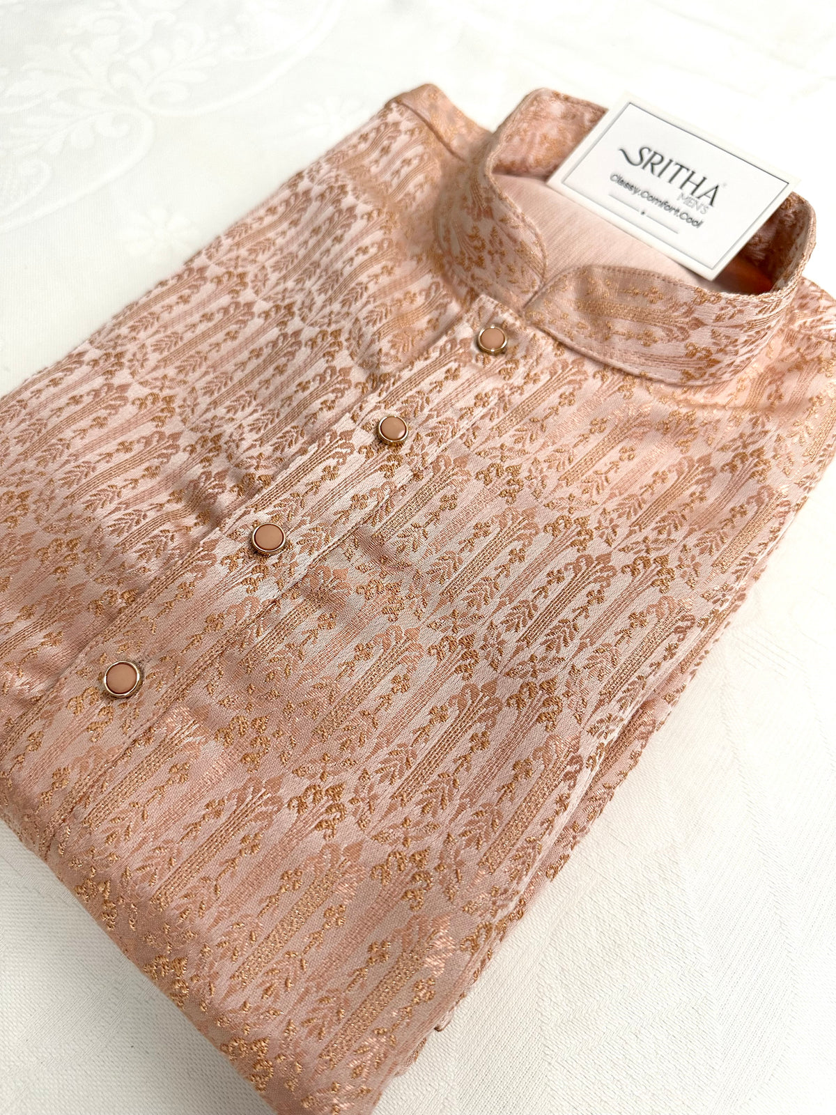 SM0826-02-11 Peach Orange Embossed Jacquard Silk Blend Kurta Set