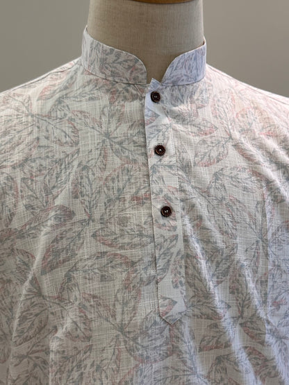 SM0126-18-09 White & Grey Print Short Cotton Kurta