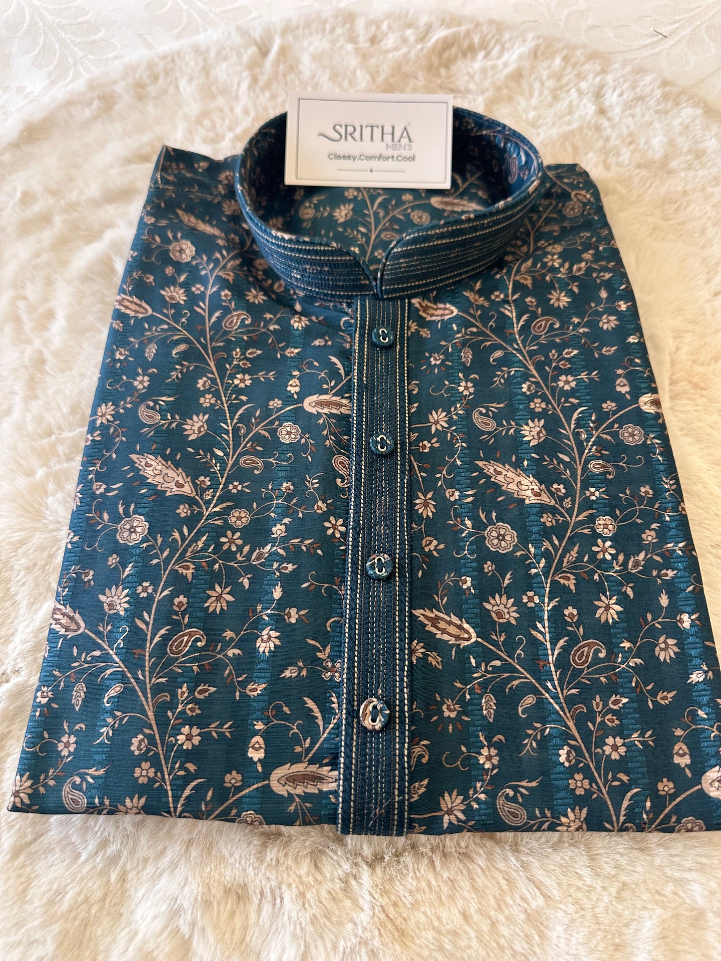 SM1225-01-15 Dark Green & Gold Floral Soft Cotton Silk Kurta