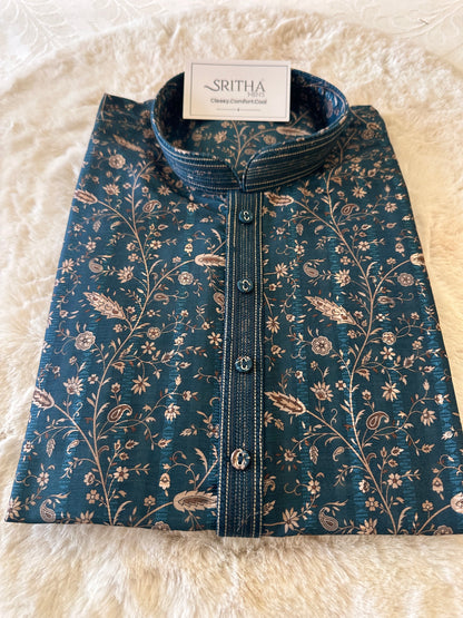 SM1225-01-15 Dark Green & Gold Floral Soft Cotton Silk Kurta