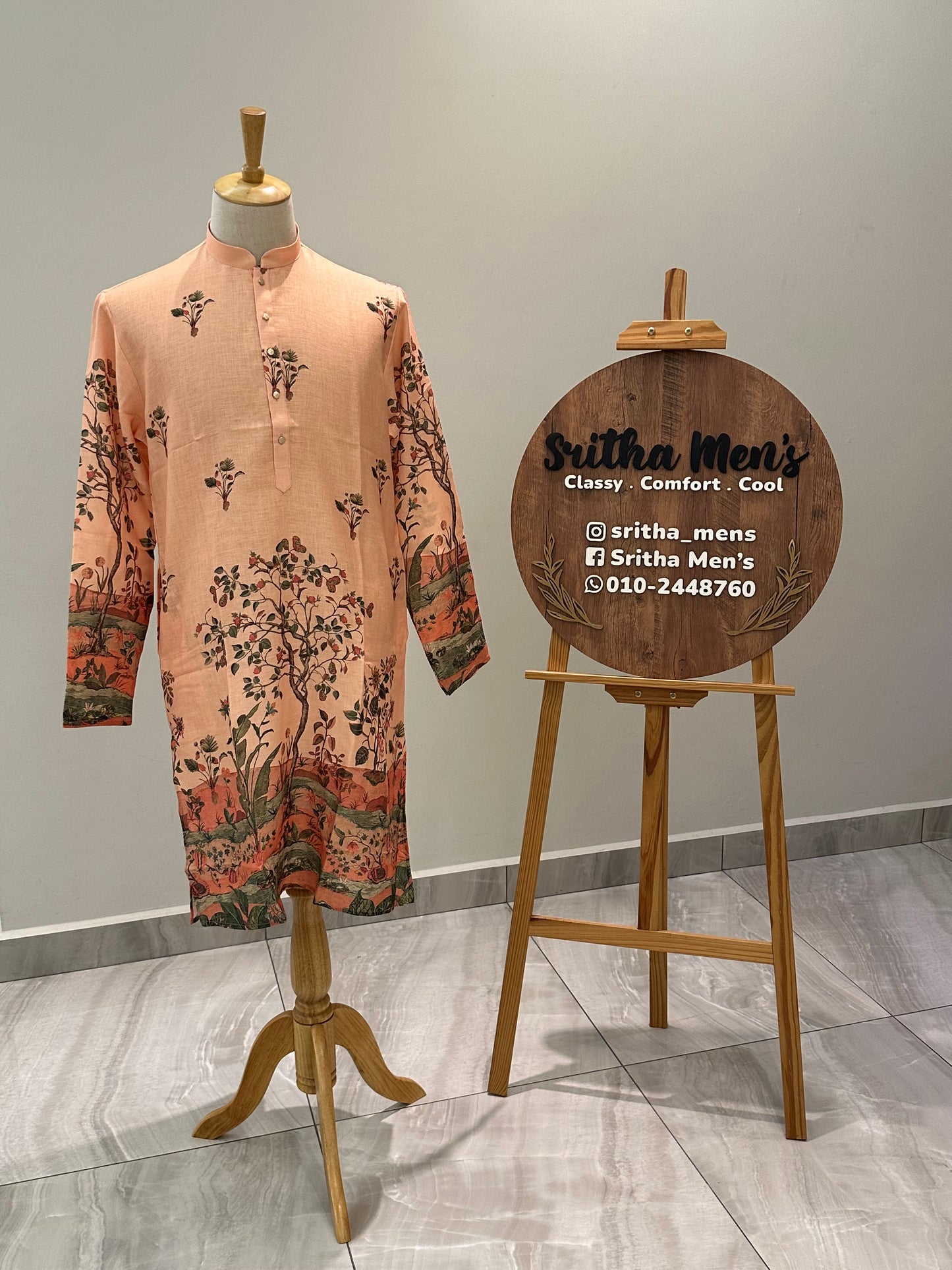 SM0825-01-08 Peach Orange Leaf & Floral Cotton Kurta