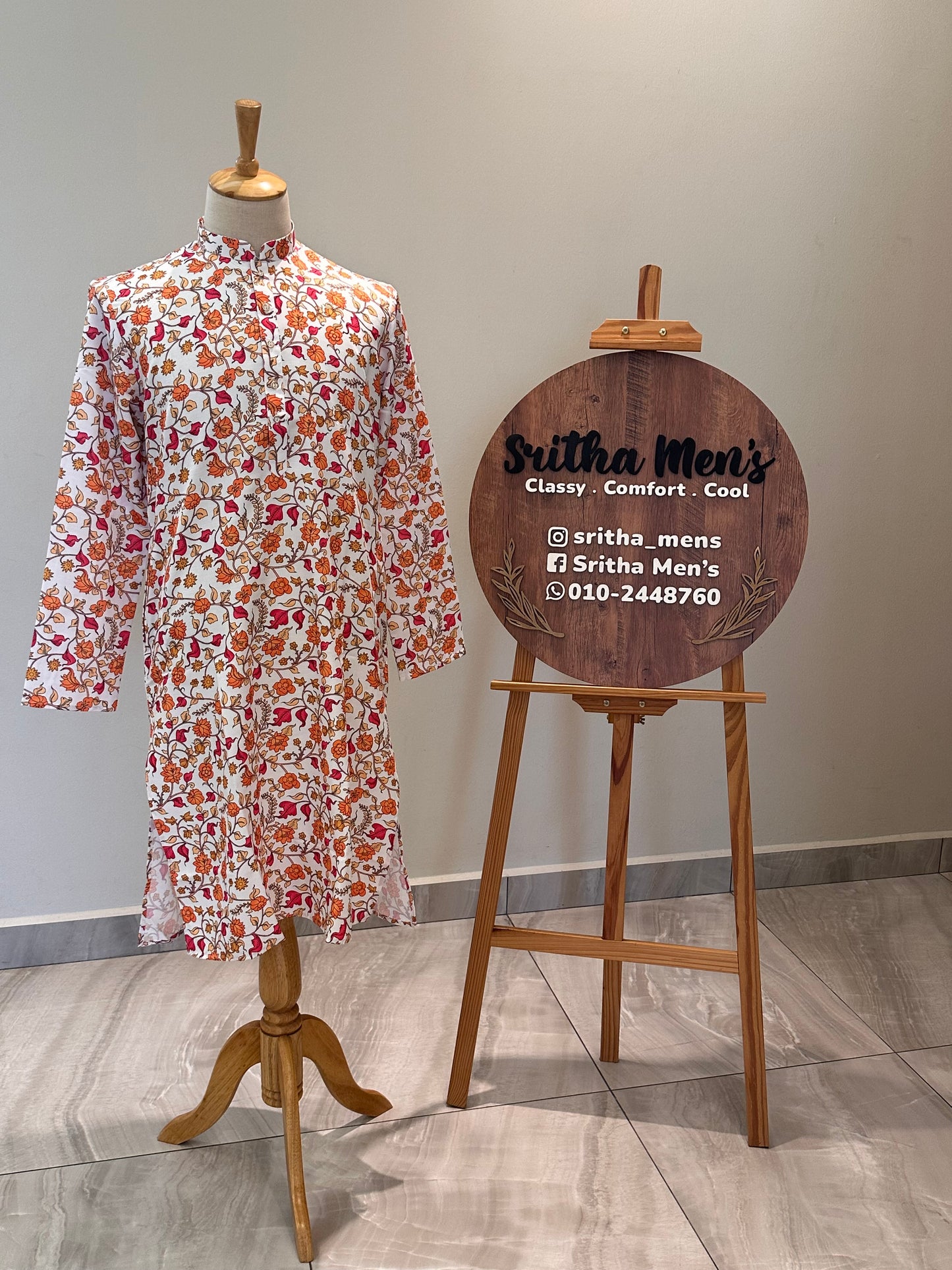 SM1225-01-04 White & Orange Floral Khadi Silk Kurta