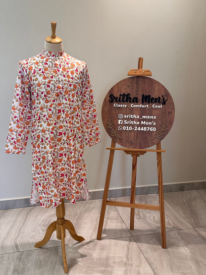 SM1225-01-04 White & Orange Floral Khadi Silk Kurta