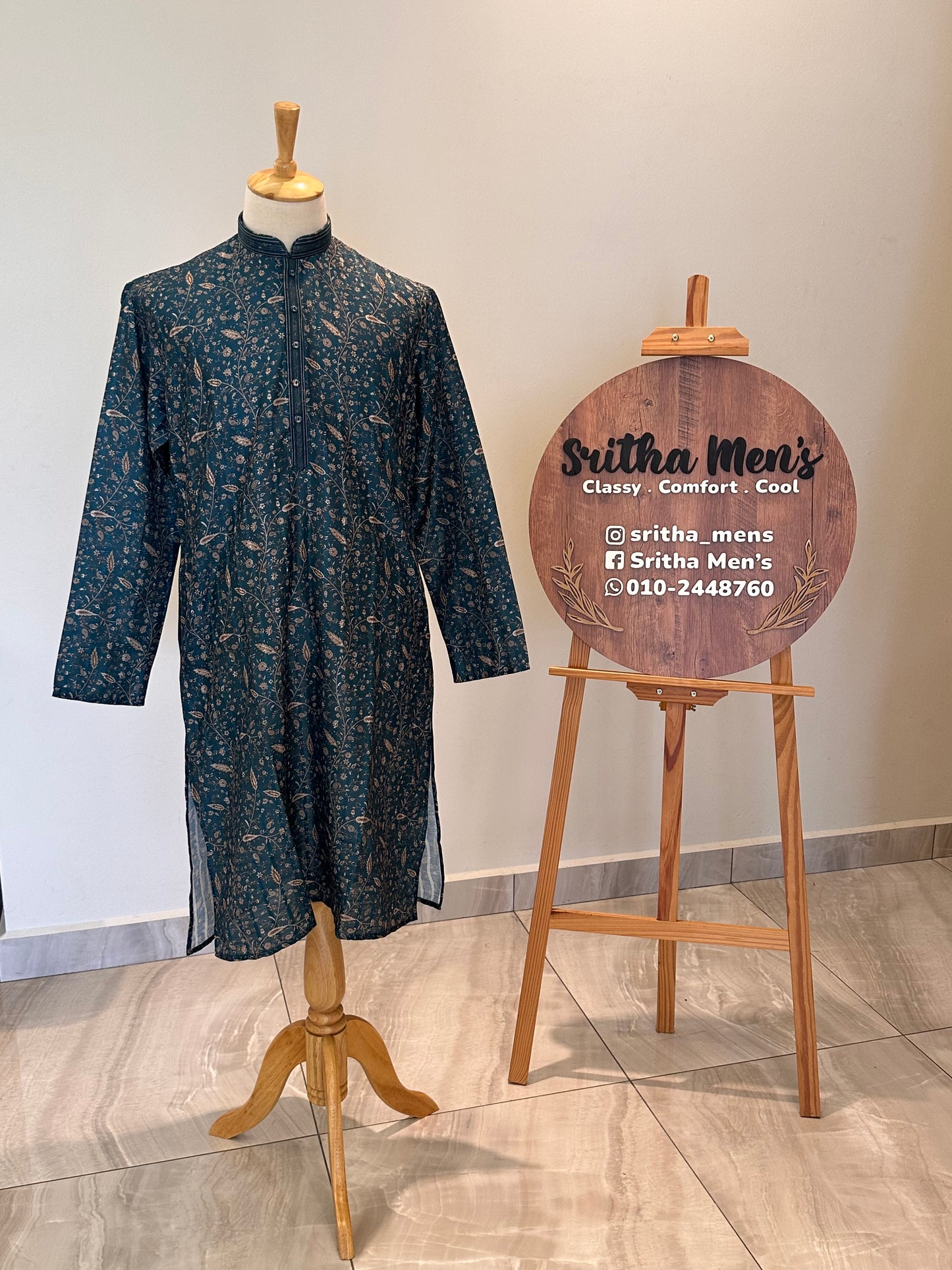 SM1225-01-15 Dark Green & Gold Floral Soft Cotton Silk Kurta