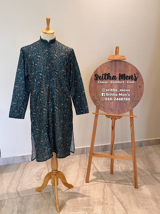SM1225-01-15 Dark Green & Gold Floral Soft Cotton Silk Kurta