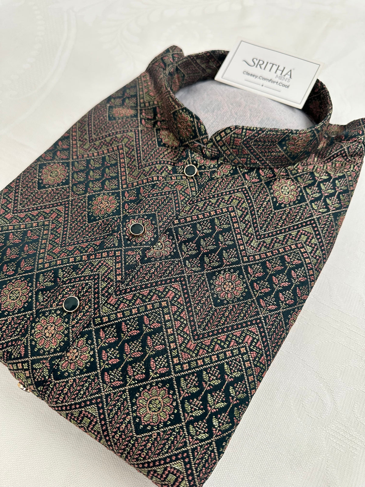 SM0826-02-16 Dark Green Heavy Design Jacquard Silk Blend Kurta Set