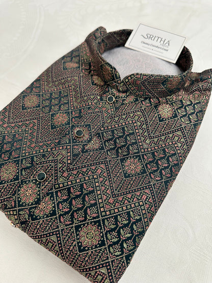 SM0826-02-16 Dark Green Heavy Design Jacquard Silk Blend Kurta Set