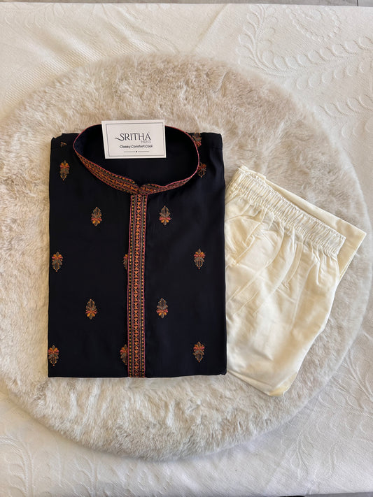 SM1125-06-05 Black Soft Silk & Colourful Embroidery Kurta Set