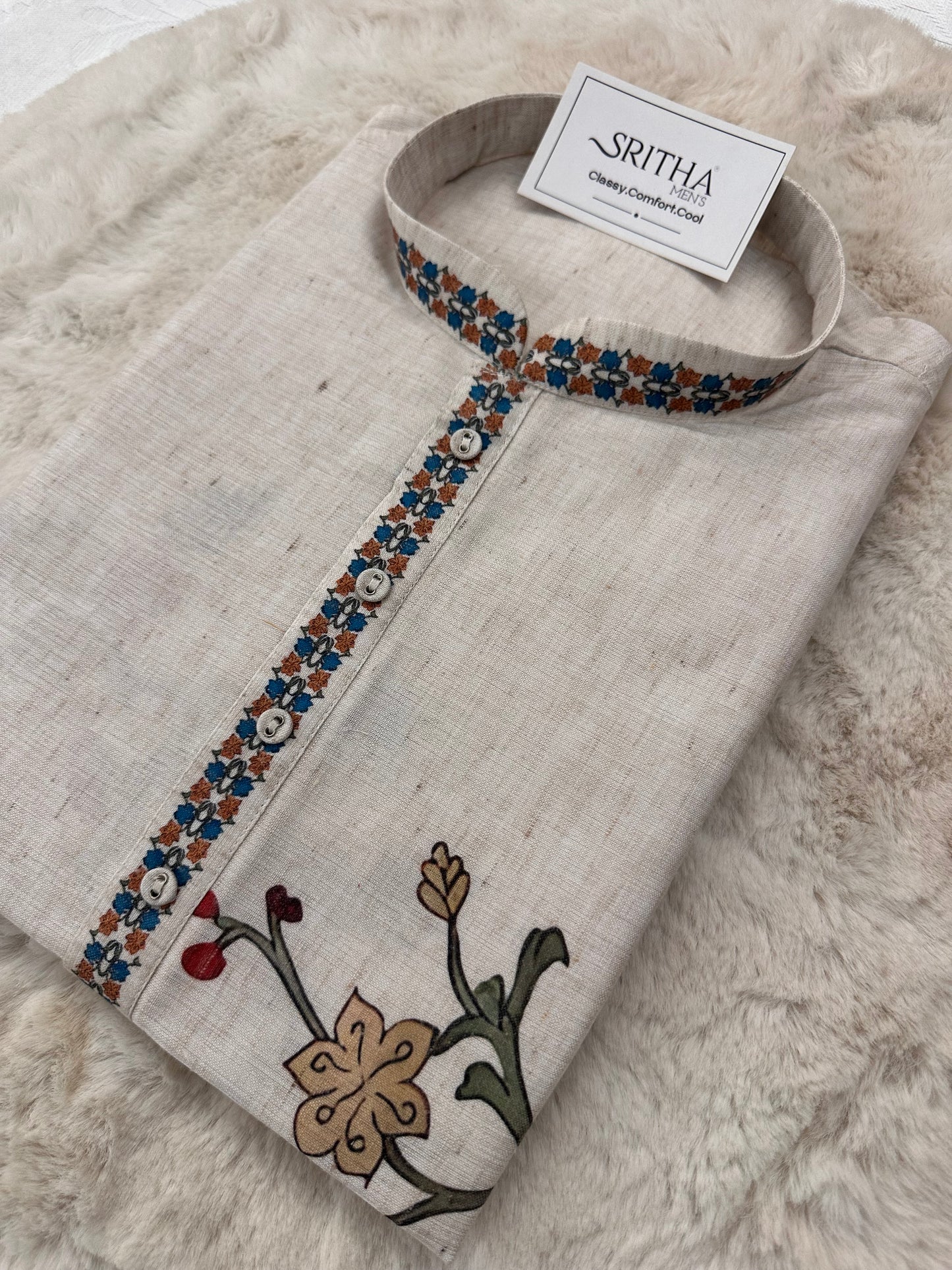 SM0226-01-02 Beige With Blue Orange Floral Cotton Linen Kurta Set