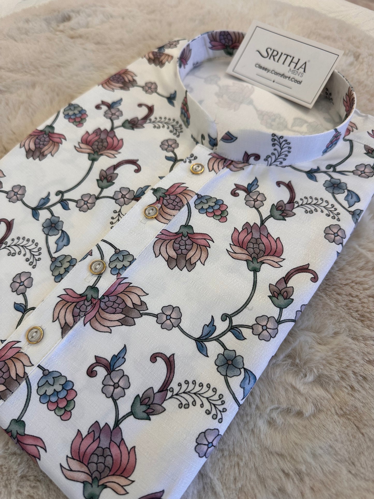 SM1225-01-03 White Base Blue Floral Soft Khadi Silk Kurta