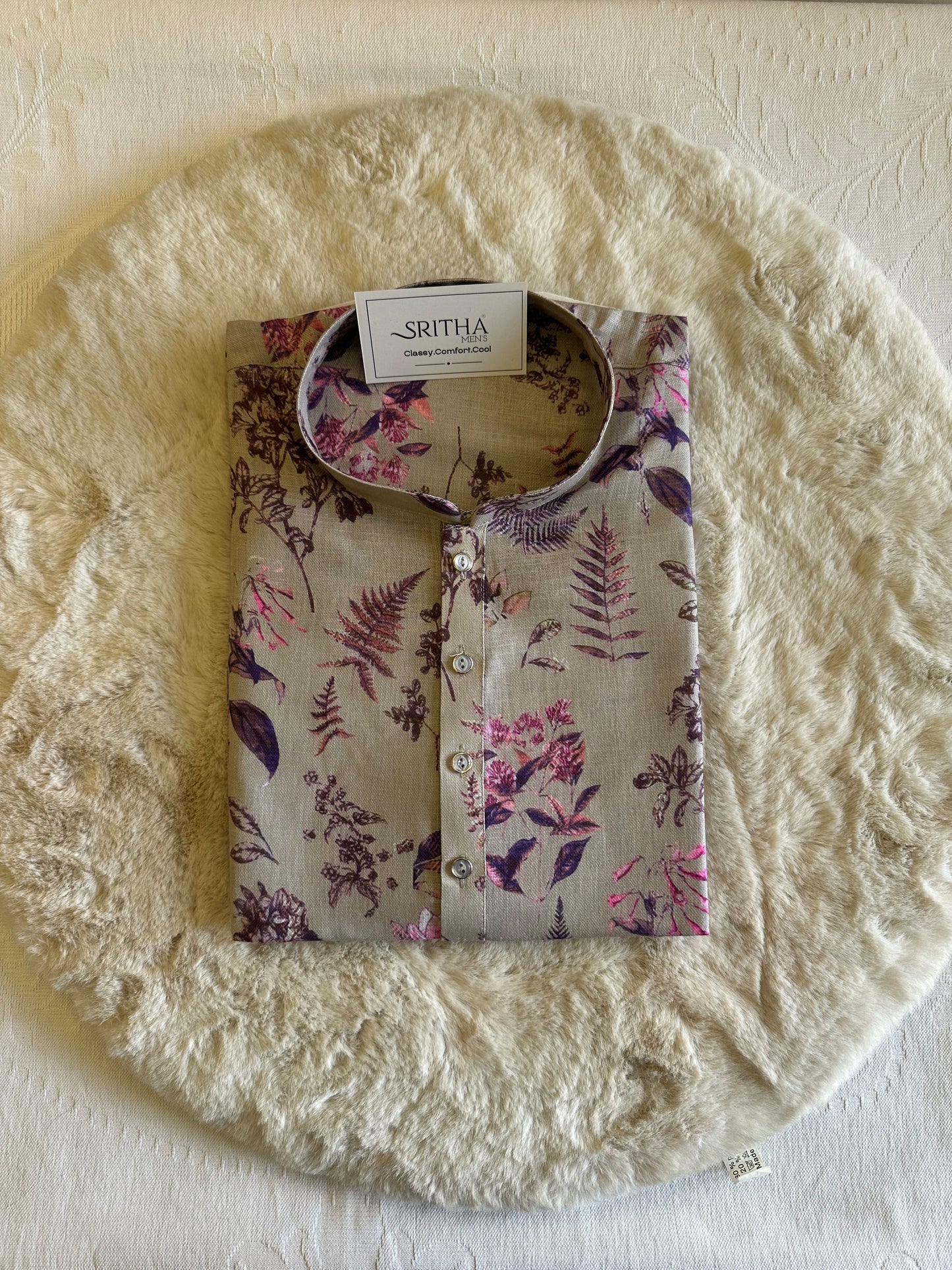 SM0626-01-02 Beige & Purple Design Printed Linen Blend Kurta