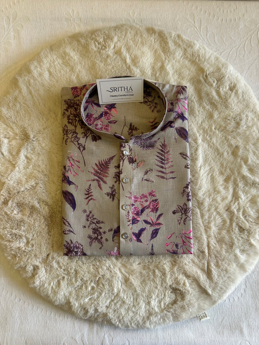 SM0626-01-02 Beige & Purple Design Printed Linen Blend Kurta