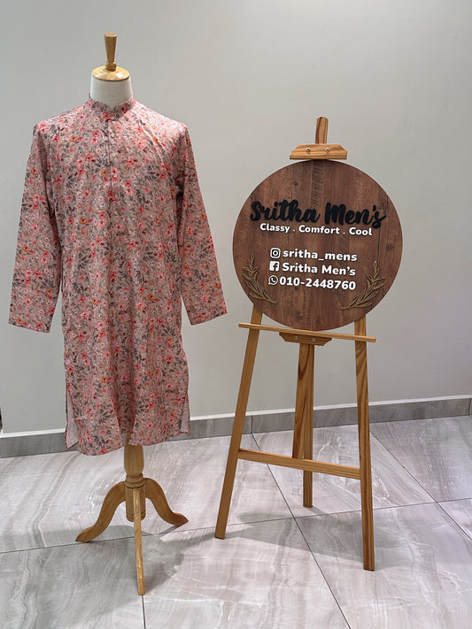 SM0325-01-12 Onion Pink Floral Khadi Silk Kurta