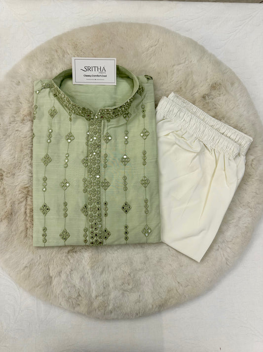 SM0325-06-05 Light Green Grand Mirror Work Soft Cotton Blend Kurta Set