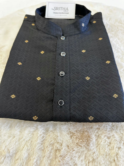 SM1124-02-03 Black & Gold Embossed Print Silk Blend Kurta Set