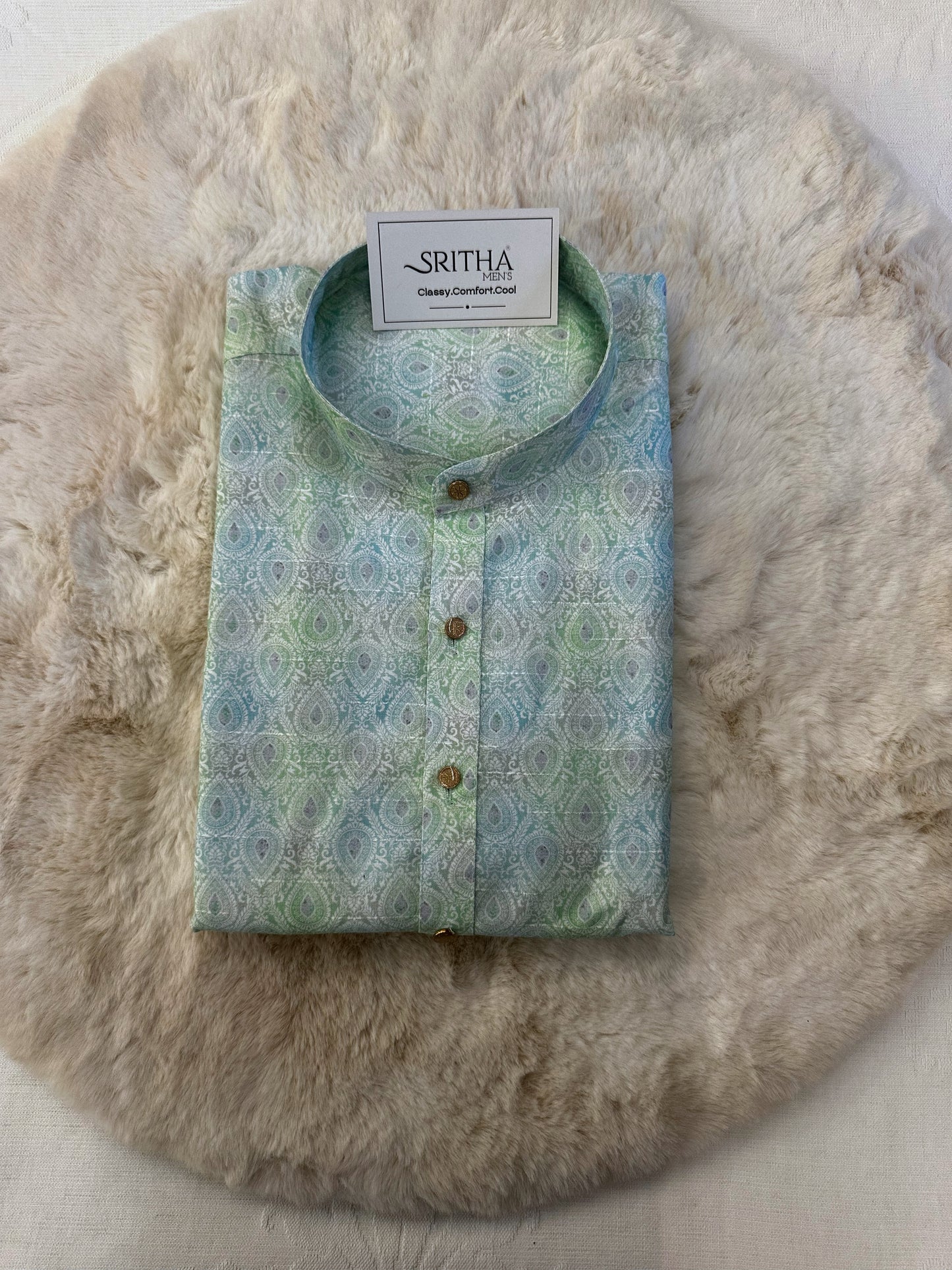 SM1224-01-13 Light Green & Blue Short Sleeve Kurta