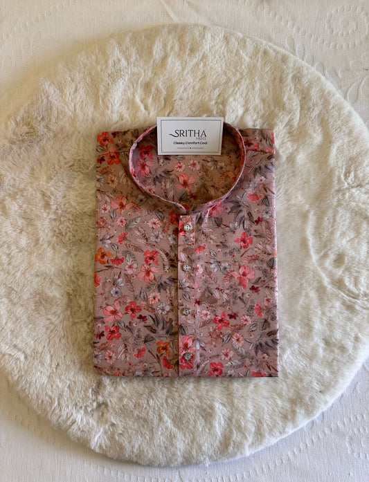 SM0325-01-12 Onion Pink Floral Khadi Silk Kurta