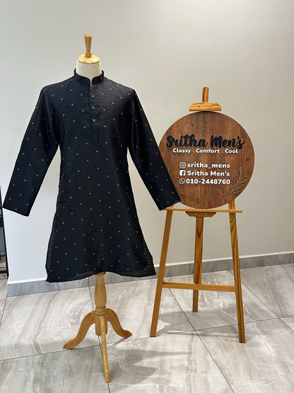 SM1124-02-03 Black & Gold Embossed Print Silk Blend Kurta Set