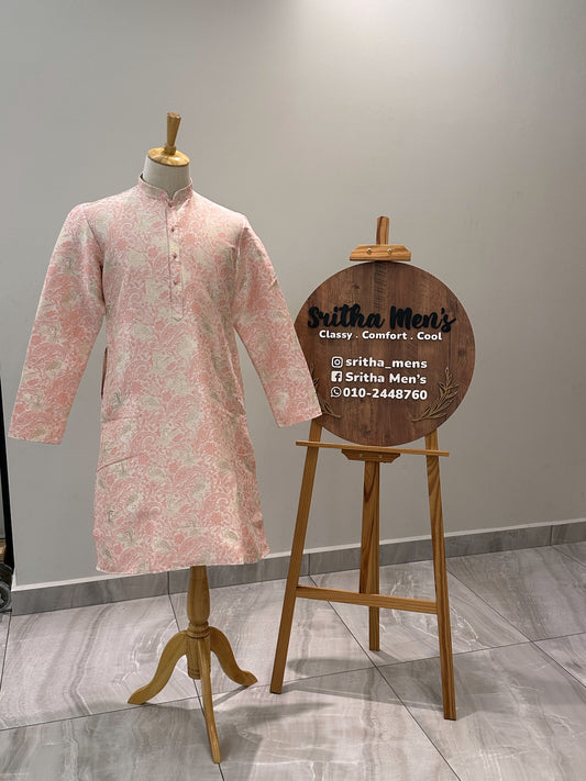 SM0326-02-01 White Pink With Golden Flamingo Jacquard Silk Kurta Set
