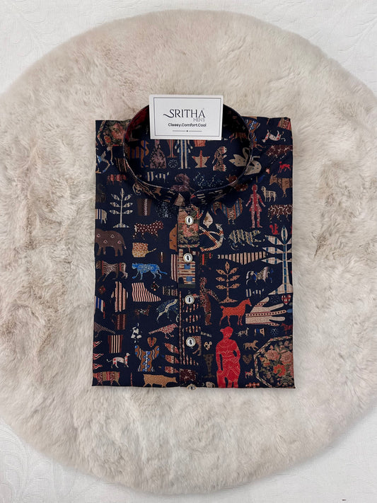 SM0325-01-02 Dark Blue Animal Print Cotton Kurta