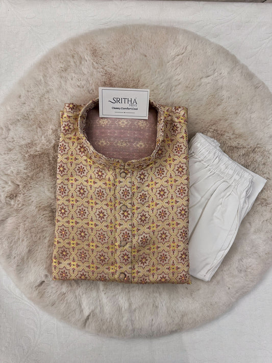 SM0525-02-07 Pastel Yellow & Pink Embroidery Jacquard Silk Kurta Set