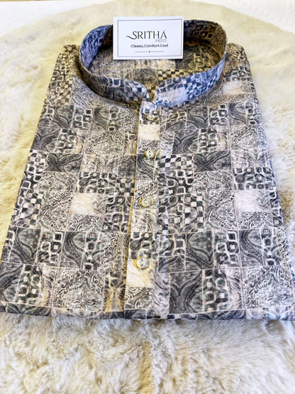 SM0624-01-08 Grey & White Cotton Blend Kurta