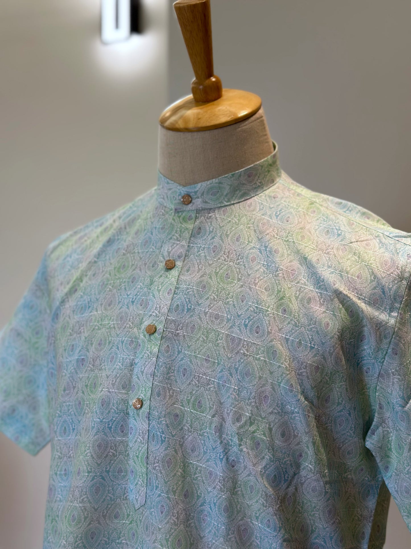 SM1224-01-13 Light Green & Blue Short Sleeve Kurta