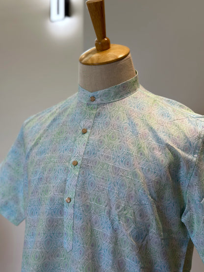 SM1224-01-13 Light Green & Blue Short Sleeve Kurta