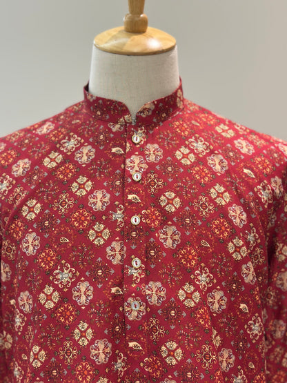 SM0325-01-09 Red Floral Print Cotton Kurta