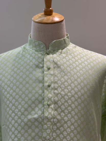 SM0225-02-03 Light Green & Silver Jacquard Silk Blend Kurta Set