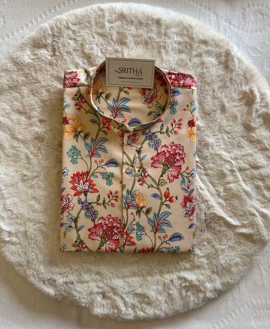 SM0325-01-11 Off White Floral Soft Khadi Silk Kurta