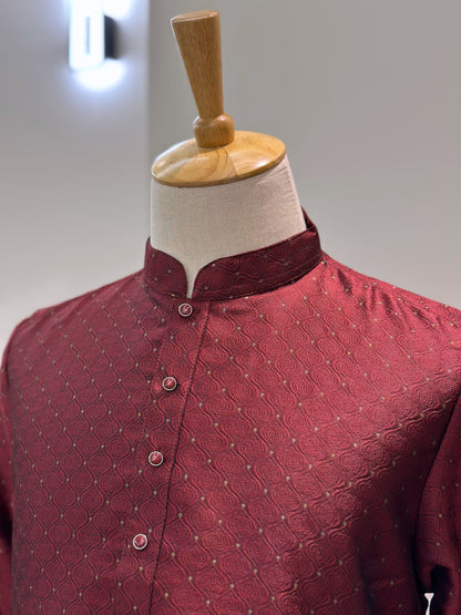 SM0225-02-01 Rich Maroon & Gold Jacquard Silk Blend Kurta Set