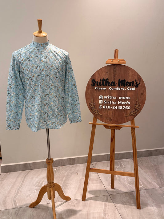 SM1224/25-01-15 Blue Cotton Long Sleeve Short Kurta