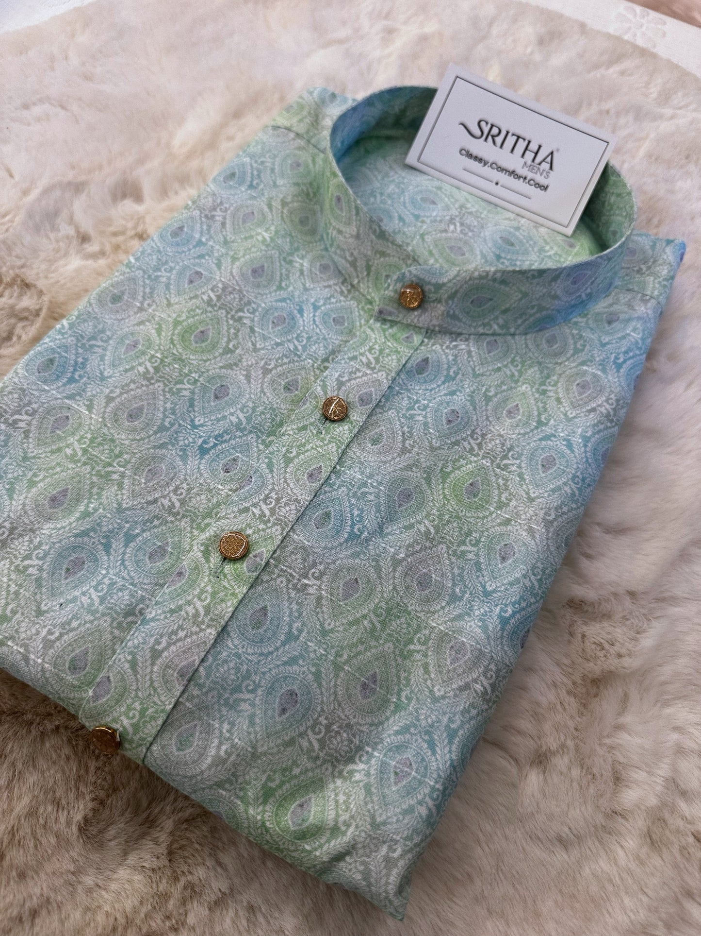 SM1224-01-13 Light Green & Blue Short Sleeve Kurta