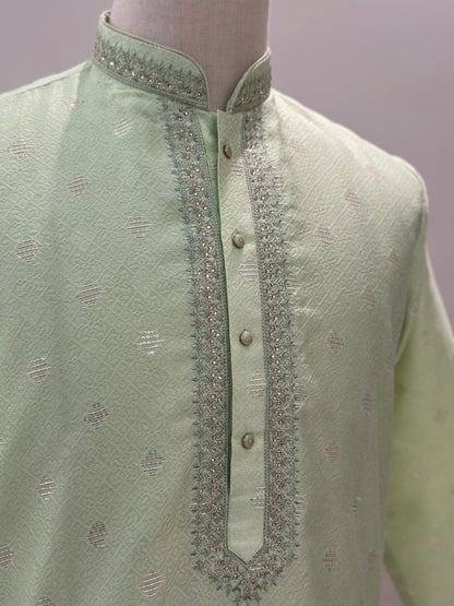 SM0525-02-19 Light Green Stone & Sequins Work Silk Blend with Lining Kurta Set