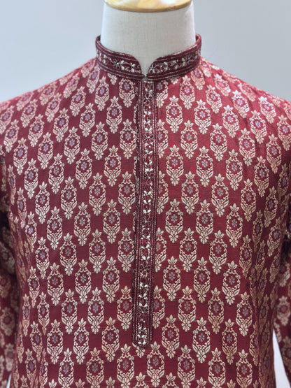 SM0425-02-07 Dark Maroon Red & Gold Jacquard Silk with Full Cotton Lining
