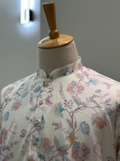 SM0325-01-17 White with Faded Floral Khadi Silk Kurta